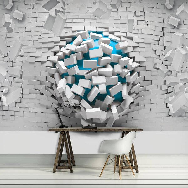 Foto tapeta - 3d plava lopta i bijeli zid od opeke (152,5x104 cm)