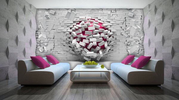 Foto tapeta - 3D lopta i zid od bijele opeke (152,5x104 cm)