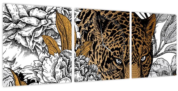 Slika - Leopard med rožami (sa satom) (90x30 cm)
