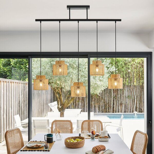 COREP Kancun viseća lampa, prirodna boja, duljina 98 cm, papir, 5 svjetiljki, prigušiva, Bež, Dnevni boravak/blagovaonica, Papirnati karton