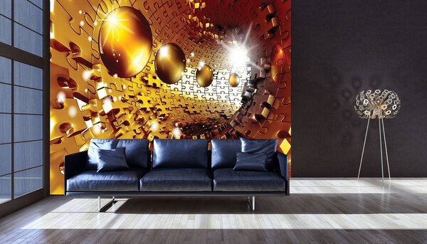 Foto tapeta - 3D slagalica tunel sa zlatnim kuglama (152,5x104 cm)
