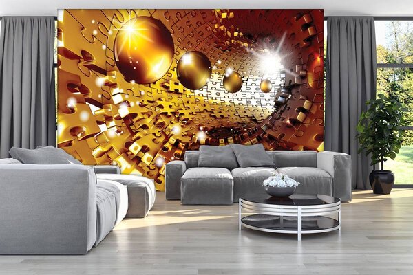 Foto tapeta - 3D slagalica tunel sa zlatnim kuglama (152,5x104 cm)