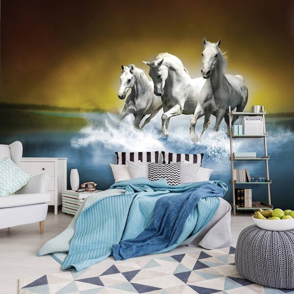 Foto tapeta - Bijeli konj galopira po vodi (152,5x104 cm)