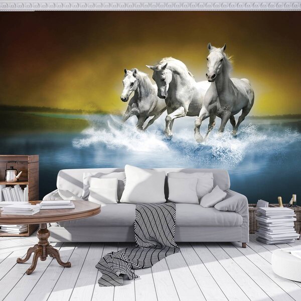 Foto tapeta - Bijeli konj galopira po vodi (152,5x104 cm)