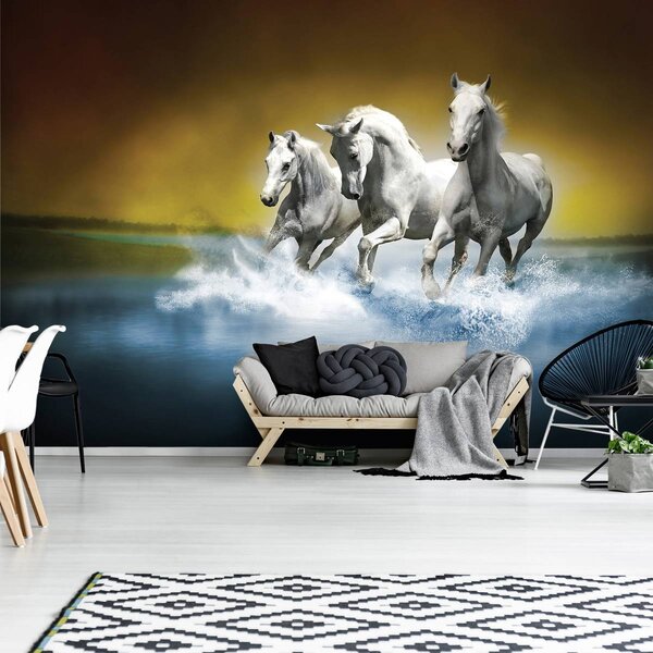 Foto tapeta - Bijeli konj galopira po vodi (152,5x104 cm)