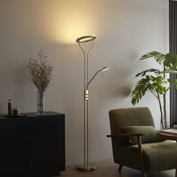 Moderna podna lampa zlatna s rukom za čitanje, uključujući LED i prigušivač - Divo