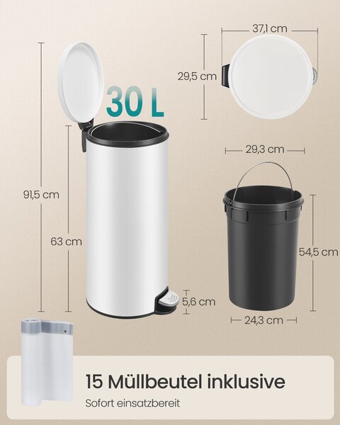 Okrugla kanta za smeće sa pedalom kapaciteta 30l, 9,5 x 37,1 x 63 cm, bijela | SONGMICS