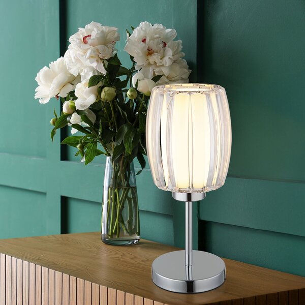 Globo Stolna lampa Maribel, visina 40 cm, krom/prozirno, metal, Providna, Dnevni boravak/blagovaonica, Plastika