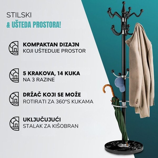 Stalak za kapute TENZY s mramornim postoljem, 37x173 cm, crni Casaria