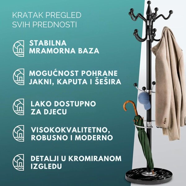 Stalak za kapute TENZY s mramornim postoljem, 37x173 cm, crni Casaria