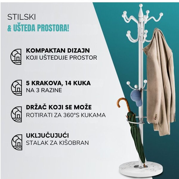 Stalak za kapute TENZY s mramornim postoljem, 37x173 cm, bijeli Casaria