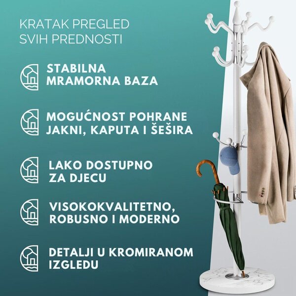 Stalak za kapute TENZY s mramornim postoljem, 37x173 cm, bijeli Casaria