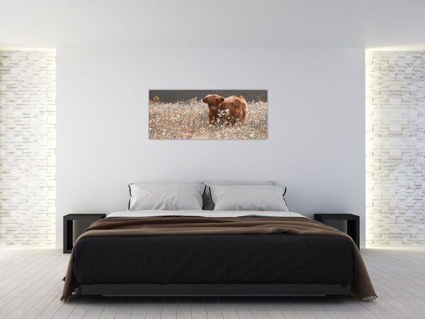 Slika - Škotska krava u cvijeću (120x50 cm)