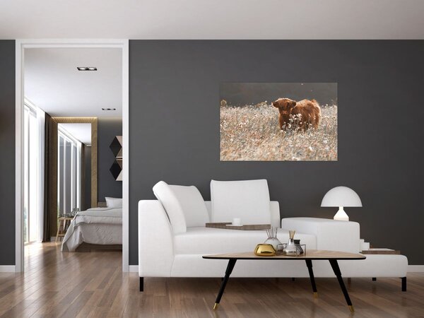 Slika - Škotska krava u cvijeću (90x60 cm)