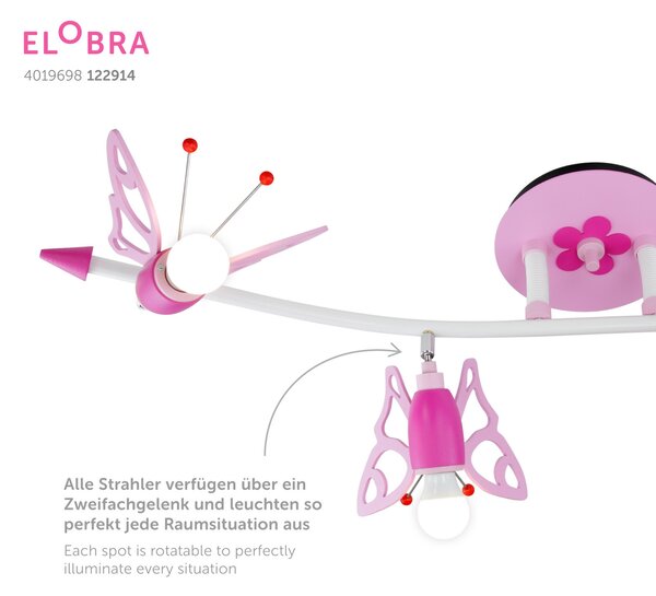 Elobra Falter stropni reflektor za dječje sobe, 4 lampe, prigušiva, Ružičasta ruža, rasadnik, Drvo