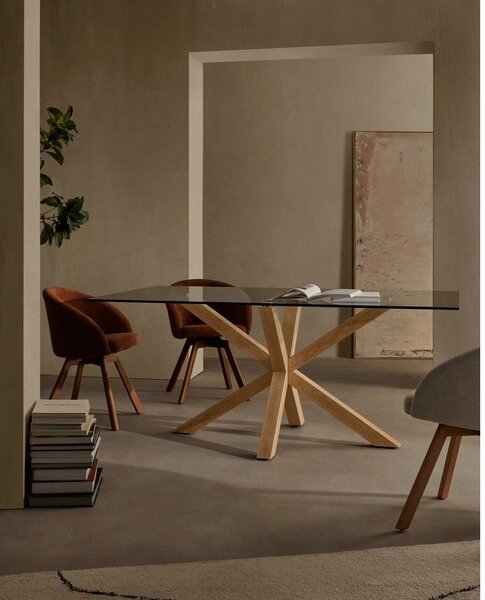 Stakleni blagavaonski stol s podstoljem od prirodnog drveta Kave Home, 160 x 90 cm