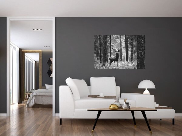 Slika - Jelen u šumi 2, crno-bijela (90x60 cm)