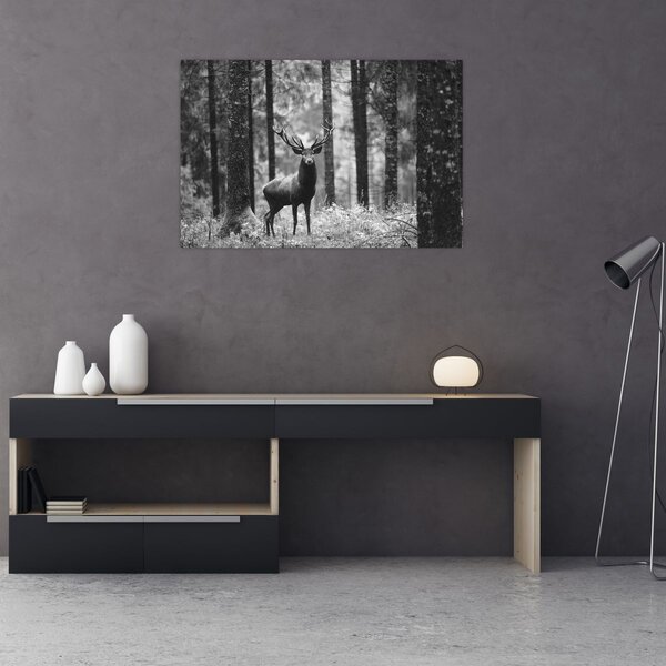 Slika - Jelen u šumi 2, crno-bijela (90x60 cm)