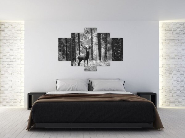 Slika - Jelen u šumi 2, crno-bijela (150x105 cm)