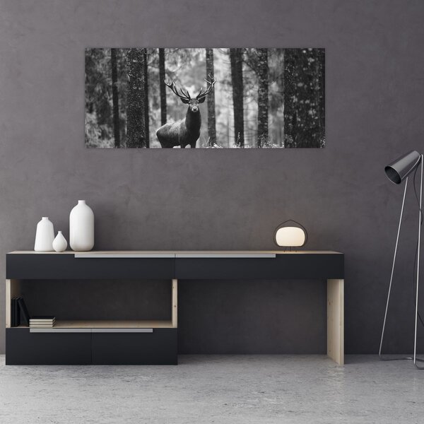 Slika - Jelen u šumi 2, crno-bijela (120x50 cm)