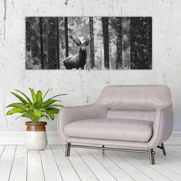 Slika - Jelen u šumi 2, crno-bijela (120x50 cm)