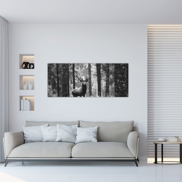 Slika - Jelen u šumi 2, crno-bijela (120x50 cm)