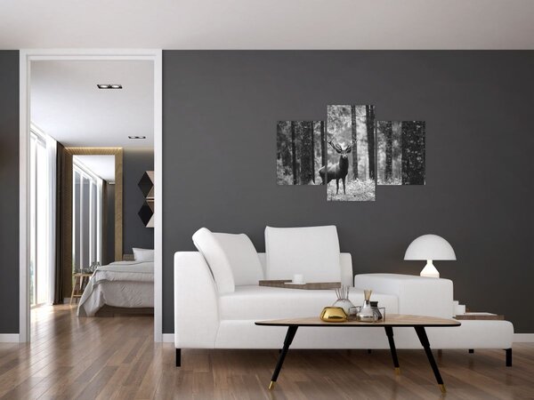 Slika - Jelen u šumi 2, crno-bijela (90x60 cm)