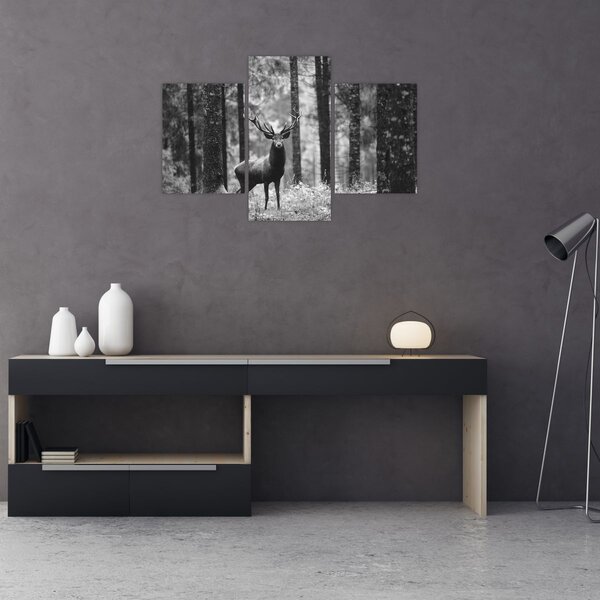 Slika - Jelen u šumi 2, crno-bijela (90x60 cm)