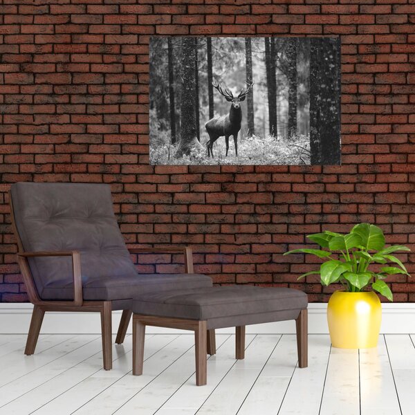 Slika - Jelen u šumi 2, crno-bijela (90x60 cm)