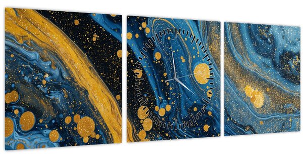 Slika - Plava apstrakcija sa zlatom (sa satom) (90x30 cm)