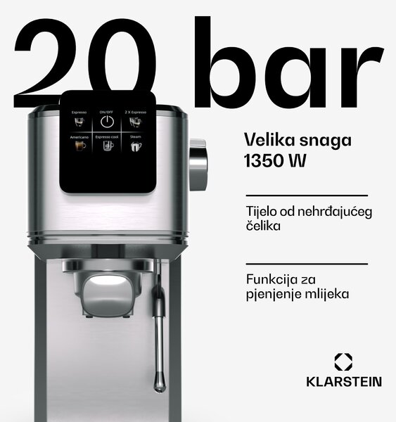 Klarstein SteelPresso Slim Touch aparat za kavu | portafilter | zaslon osjetljiv na dodir