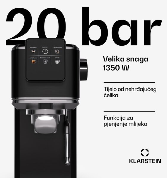 Klarstein SteelPresso Slim Touch aparat za kavu, portafilter, zaslon osjetljiv na dodir