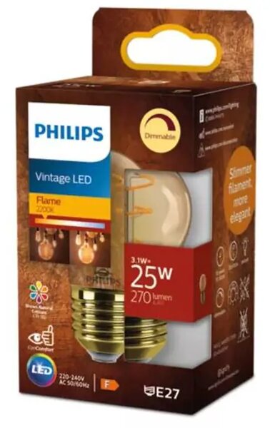 PHILIPS Vintage LED ŽARULJA /E27/3,1W/270lm=25W/2200K/240V P45 CL DIMM. CRI90 8721103048998