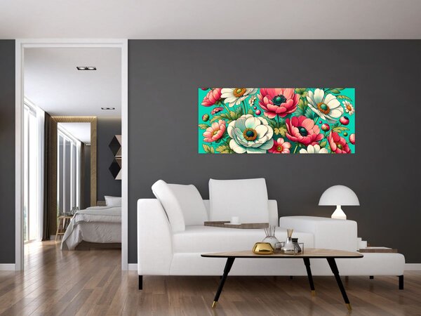 Slika - Cvijeće na plavoj pozadini (120x50 cm)