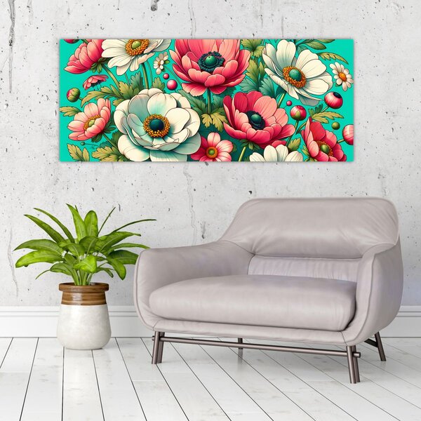 Slika - Cvijeće na plavoj pozadini (120x50 cm)