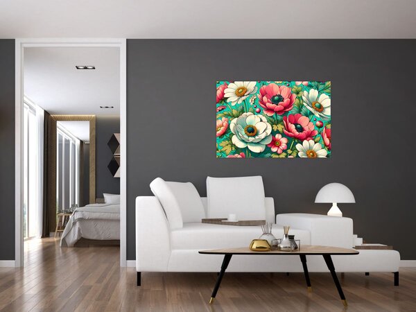 Slika - Cvijeće na plavoj pozadini (90x60 cm)
