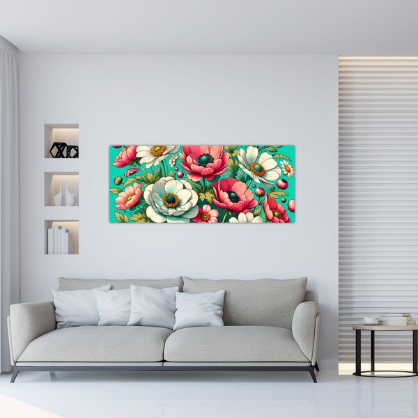 Slika - Cvijeće na plavoj pozadini (120x50 cm)