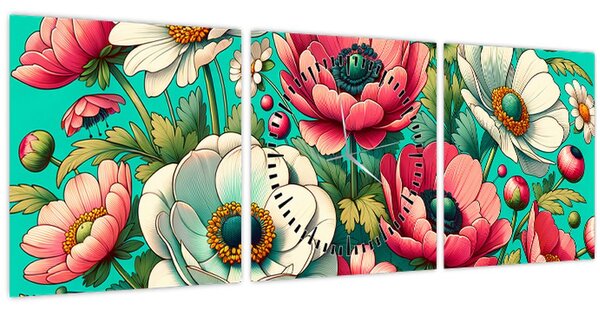 Slika - Cvijeće na plavoj pozadini (sa satom) (90x30 cm)