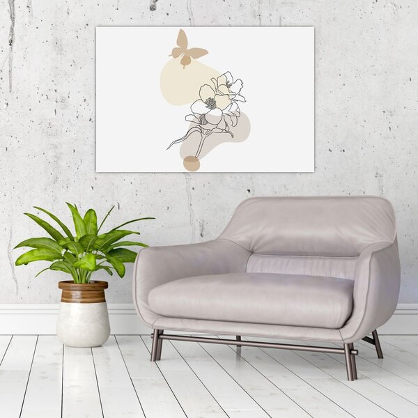 Slika - Bež cvijeće s leptirom N⁰3 (90x60 cm)