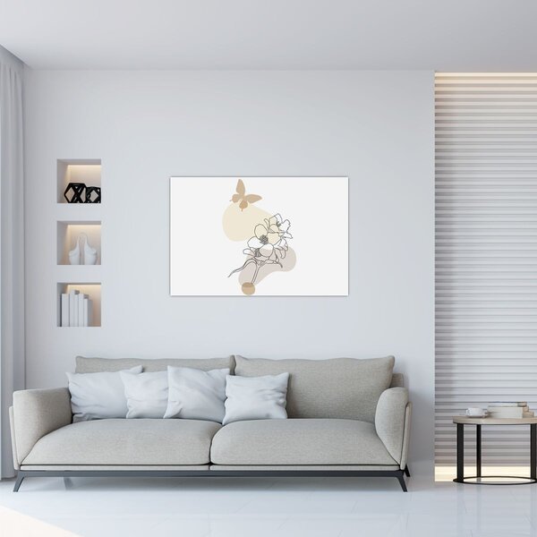 Slika - Bež cvijeće s leptirom N⁰3 (90x60 cm)