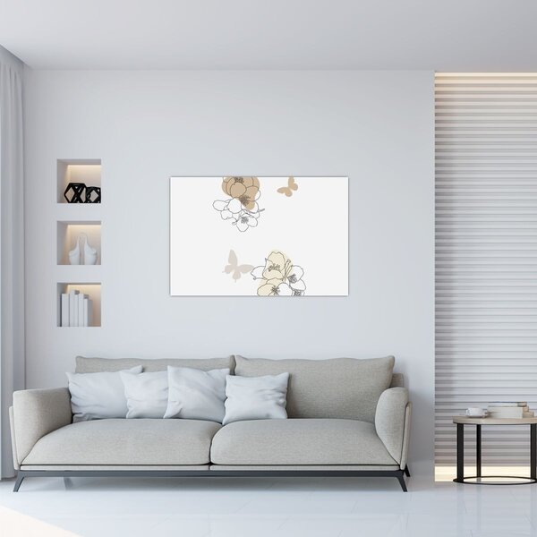 Slika - Bež cvijeće s leptirom N⁰2 (90x60 cm)