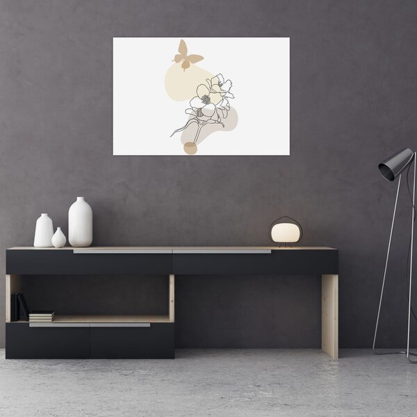 Slika - Bež cvijeće s leptirom N⁰3 (90x60 cm)