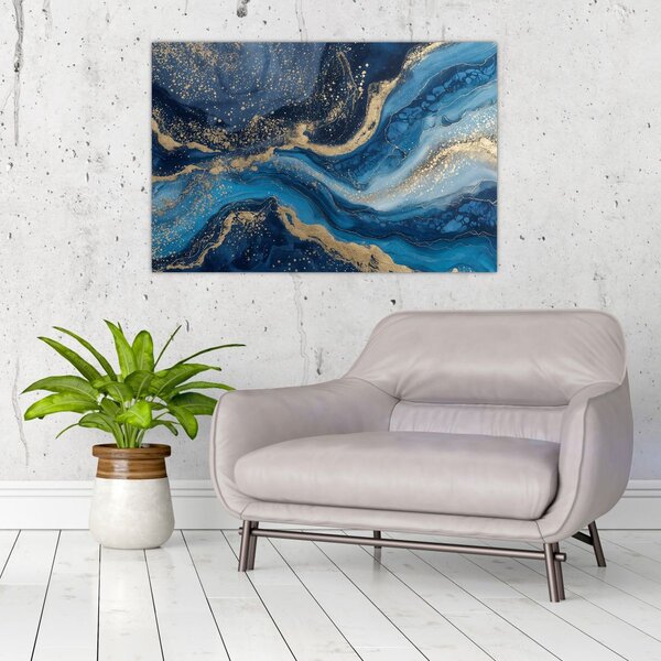 Slika - Apstraktni plavo-zlatni mramor (90x60 cm)