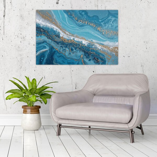 Slika - Svijetloplavi mramor sa zlatom I. (90x60 cm)