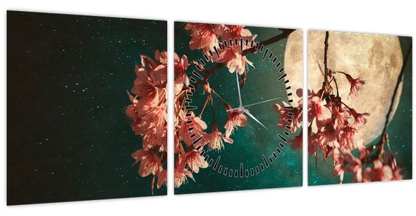 Slika - Sakura u punom mjesecu (sa satom) (90x30 cm)