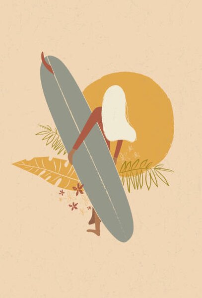 Ilustracija Flat illustration of surfer girl holding, LucidSurf