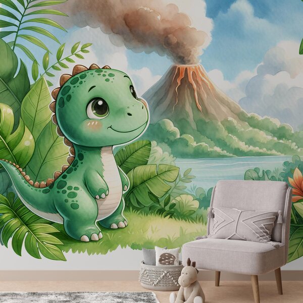 Foto tapeta - Dino i vulkan (147x102 cm)