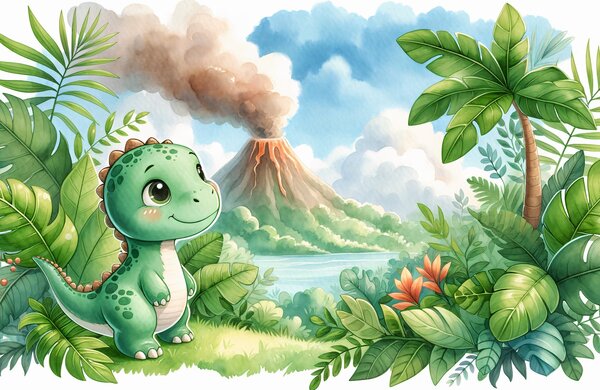 Foto tapeta - Dino i vulkan (147x102 cm)
