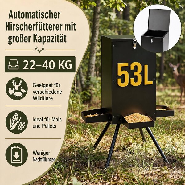 Metalna hranilica za divljač od 40 kg s gravitacijskim hranjenjem i 4 pladnja za jelene i koze, crna