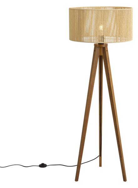 Vintage drvena podna svjetiljka s bež sjenilom od papirnatog užeta 50/50/25 - Tripod Classic